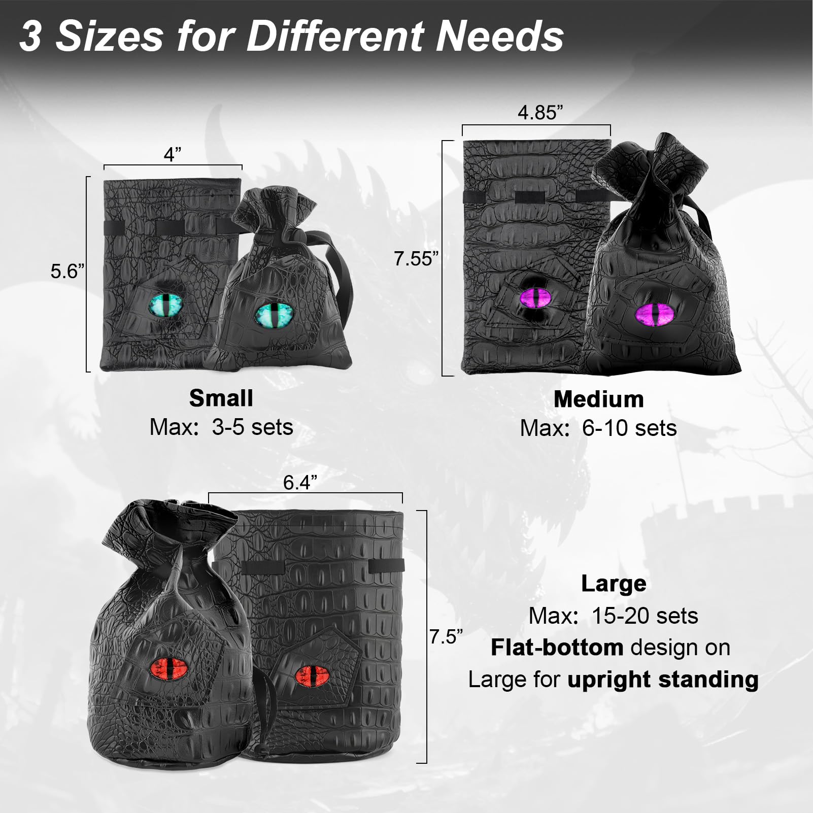 Haxtec Dragon Dice Bag with 3D Glass Dragon Eye – PU Leather Drawstring Pouch for D&D Dice Storage