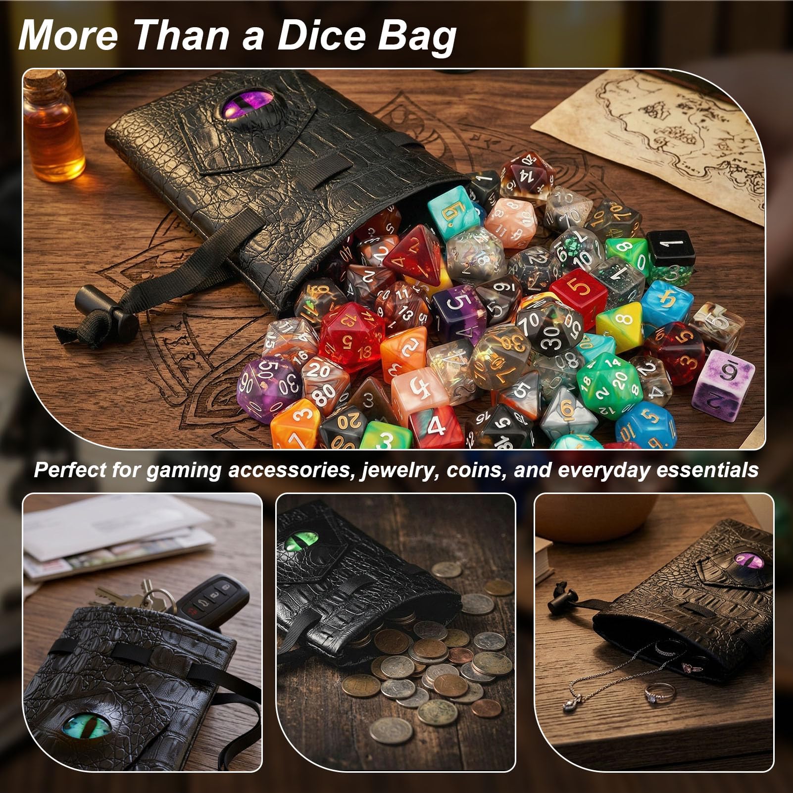 Haxtec Dragon Dice Bag with 3D Glass Dragon Eye – PU Leather Drawstring Pouch for D&D Dice Storage