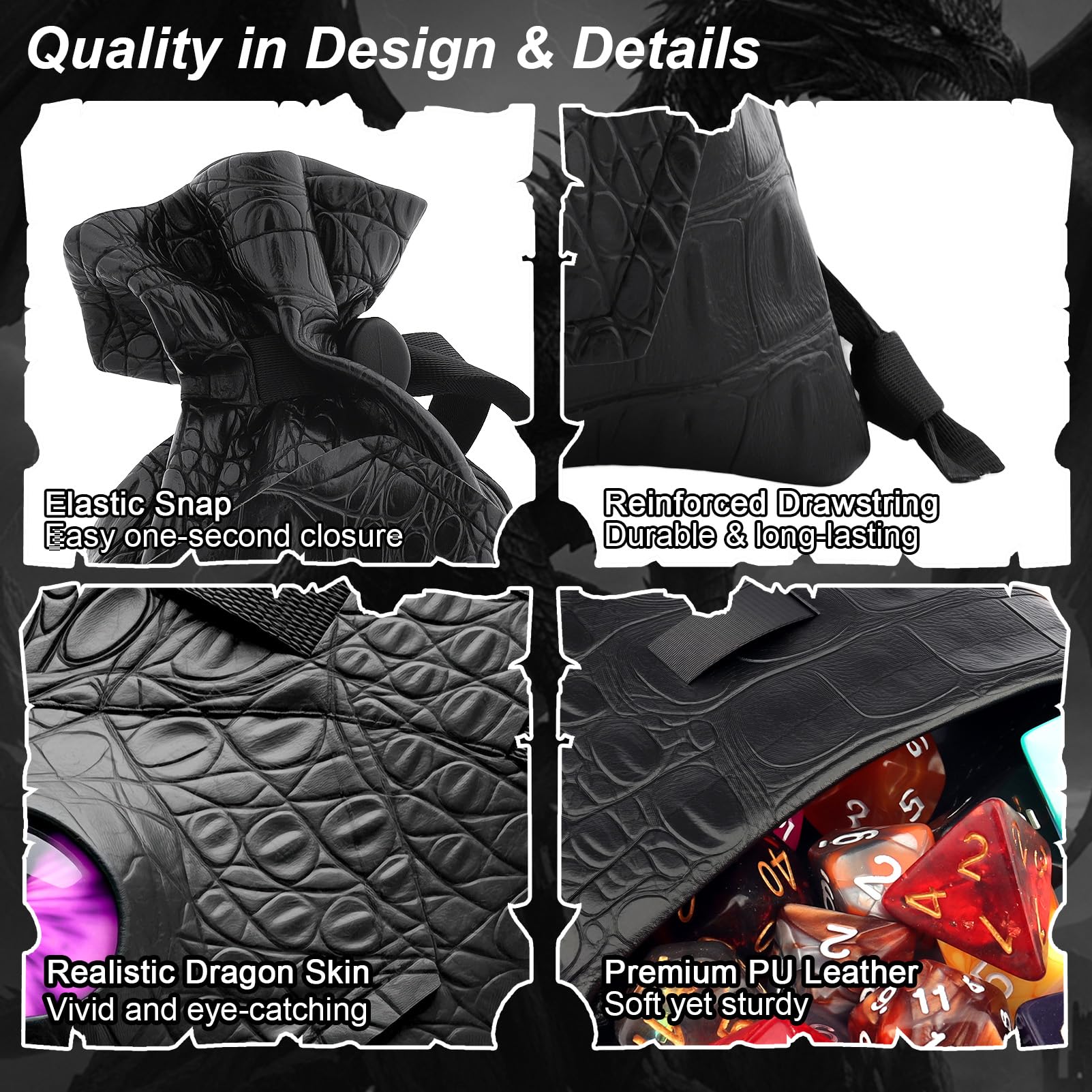 Haxtec Dragon Dice Bag with 3D Glass Dragon Eye – PU Leather Drawstring Pouch for D&D Dice Storage