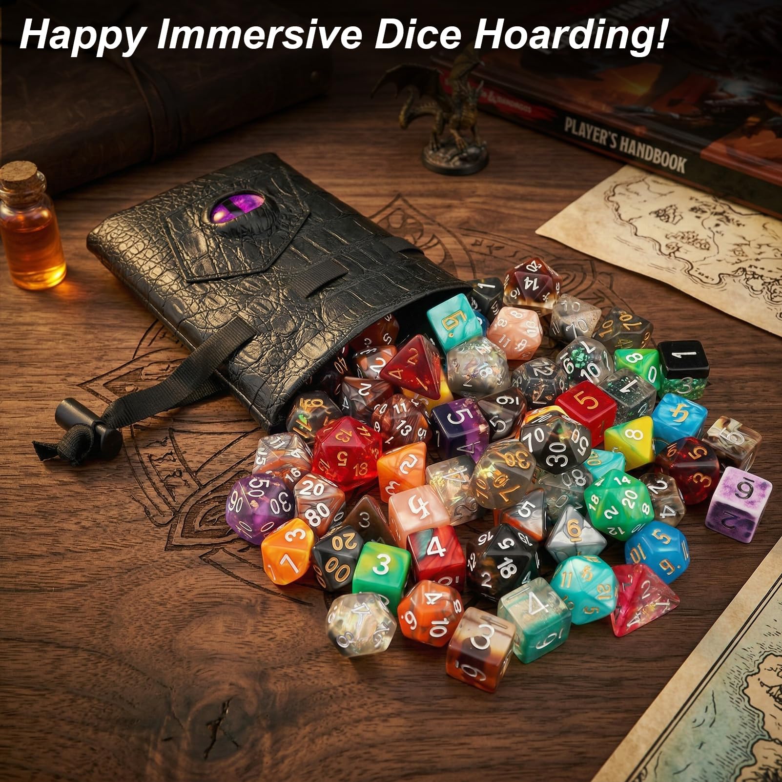 Haxtec Dragon Dice Bag with 3D Glass Dragon Eye – PU Leather Drawstring Pouch for D&D Dice Storage