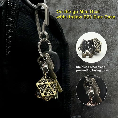 Haxtec Mini Metal DND Dice Set with D20 Cage Necklace & Keychain – Portable Micro D&D Dice for RPG Travel