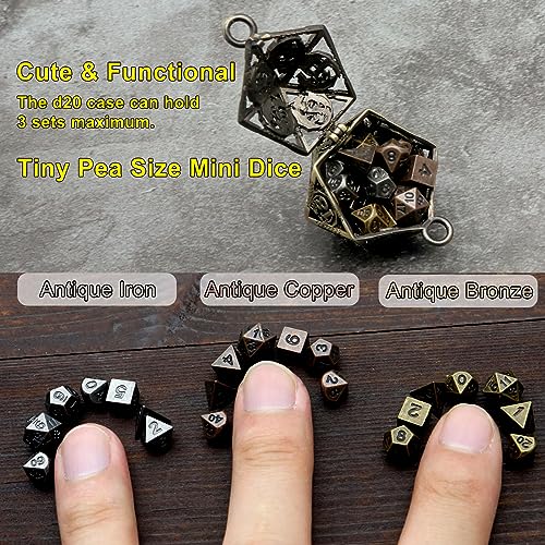 Haxtec Mini Metal DND Dice Set with D20 Cage Necklace & Keychain – Portable Micro D&D Dice for RPG Travel