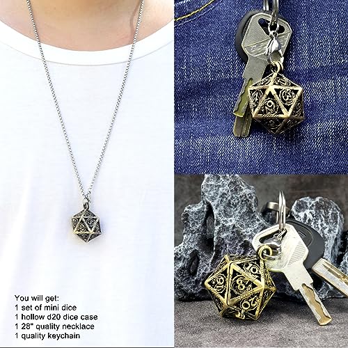 Haxtec Mini Metal DND Dice Set with D20 Cage Necklace & Keychain – Portable Micro D&D Dice for RPG Travel