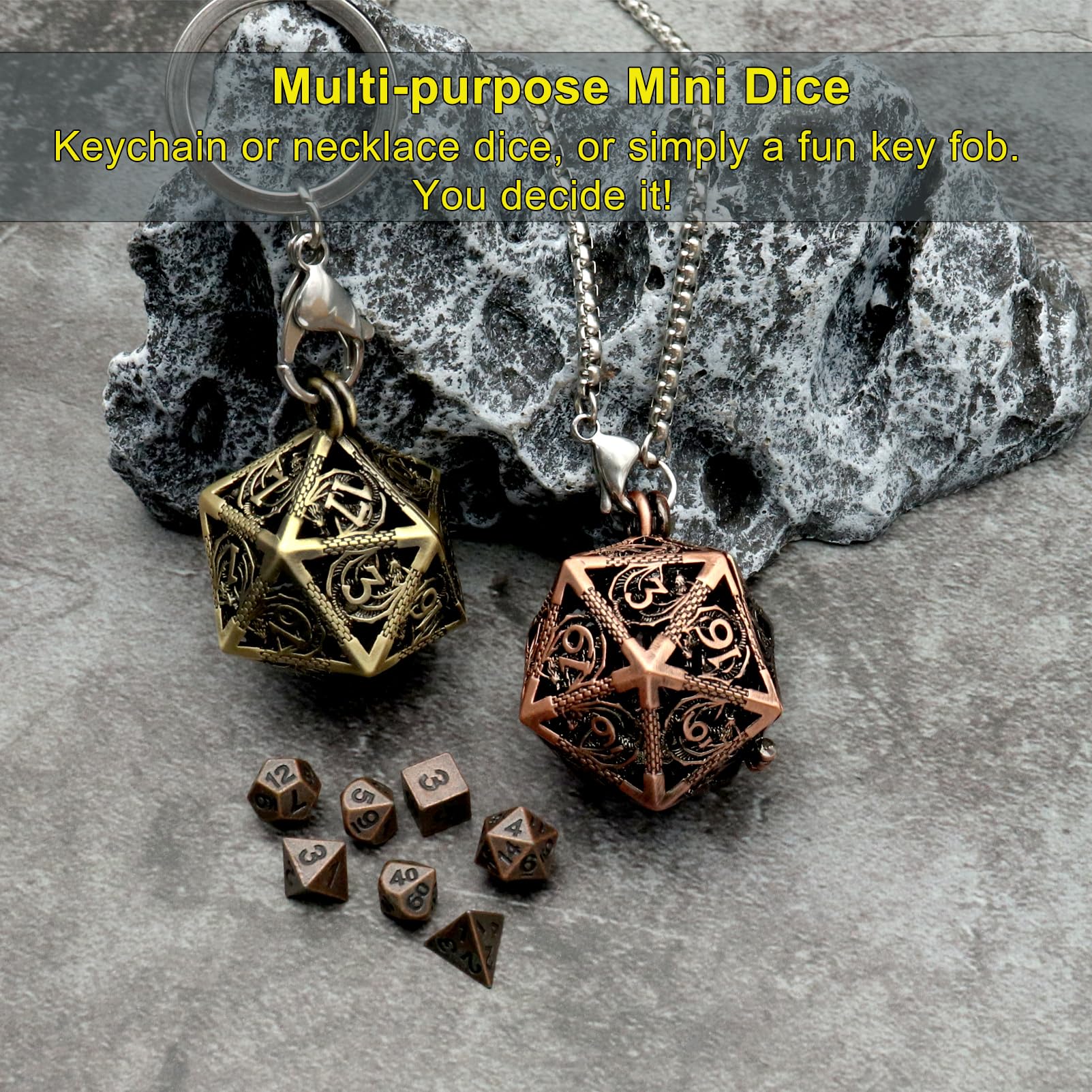 Haxtec Mini Metal DND Dice Set with D20 Cage Necklace & Keychain – Portable Micro D&D Dice for RPG Travel