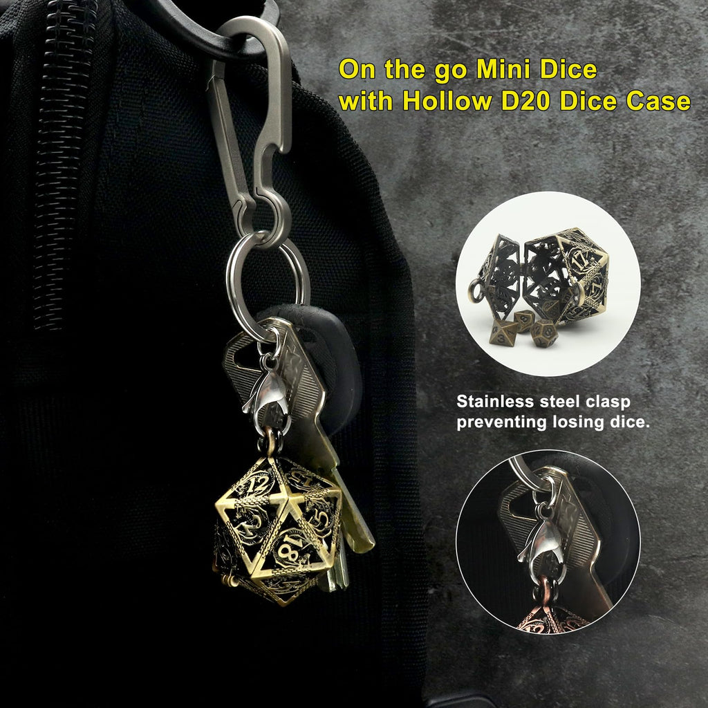 Haxtec Mini Metal DND Dice Set with D20 Cage Necklace & Keychain – Portable Micro D&D Dice for RPG Travel