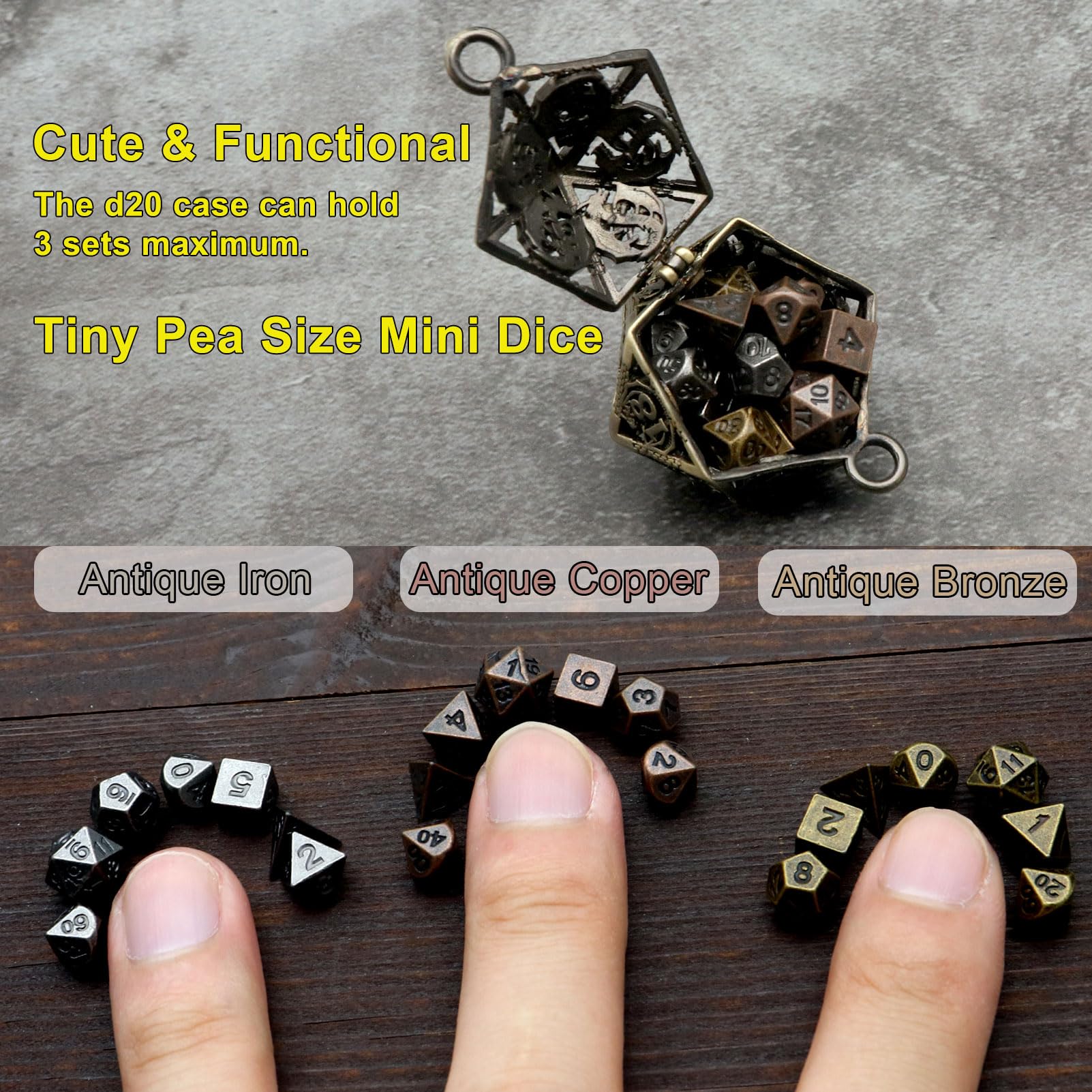 Haxtec Mini Metal DND Dice Set with D20 Cage Necklace & Keychain – Portable Micro D&D Dice for RPG Travel