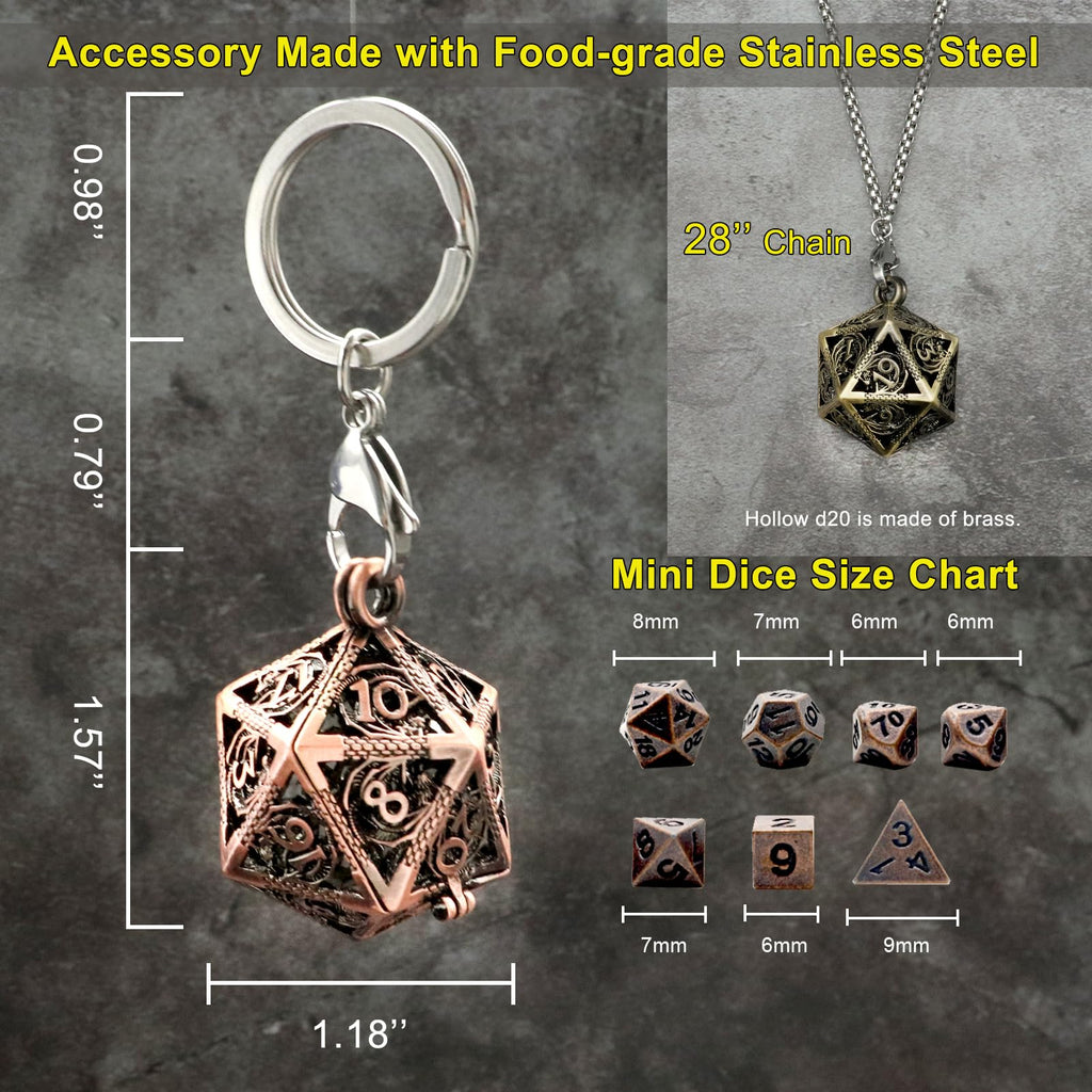Haxtec Mini Metal DND Dice Set with D20 Cage Necklace & Keychain – Portable Micro D&D Dice for RPG Travel