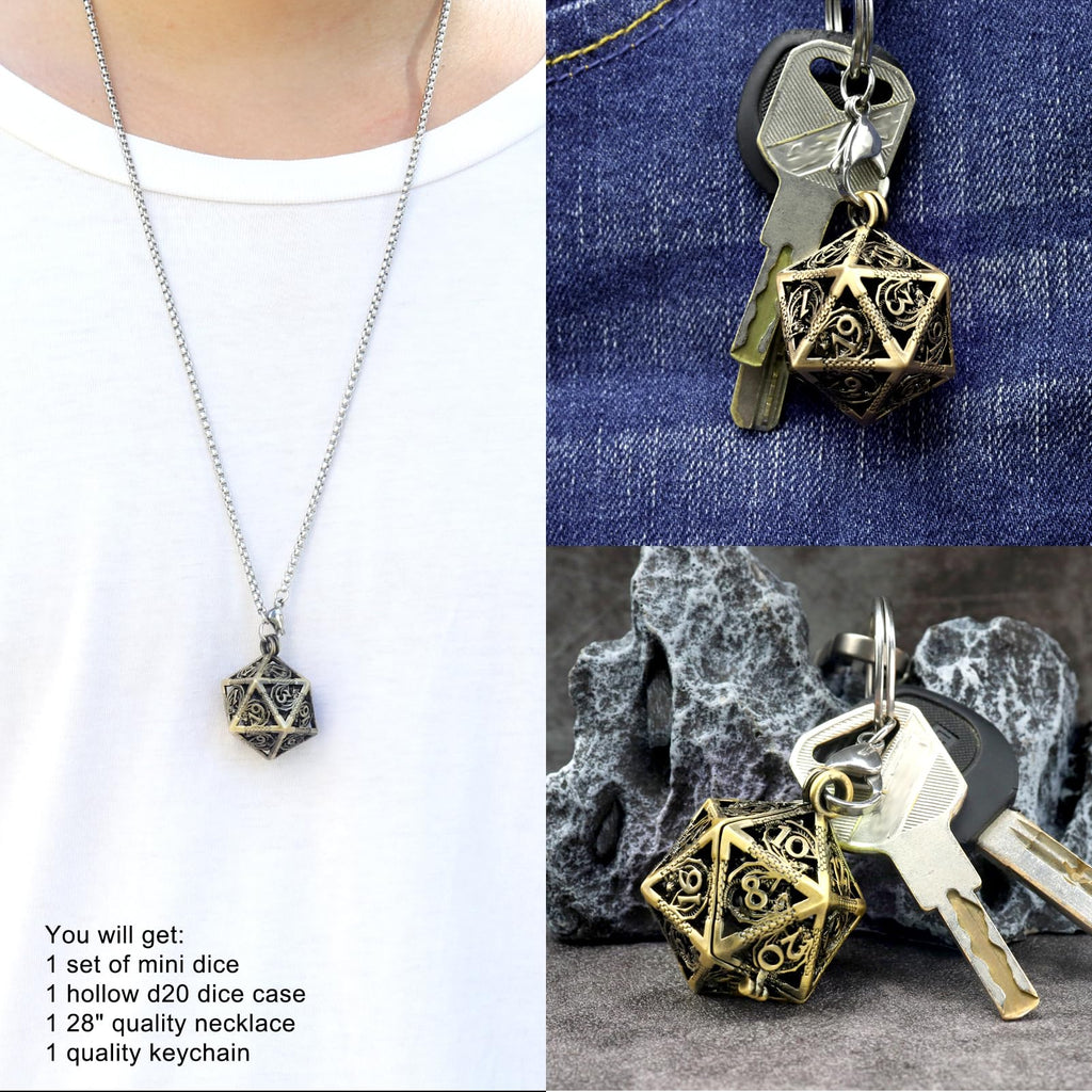 Haxtec Mini Metal DND Dice Set with D20 Cage Necklace & Keychain – Portable Micro D&D Dice for RPG Travel