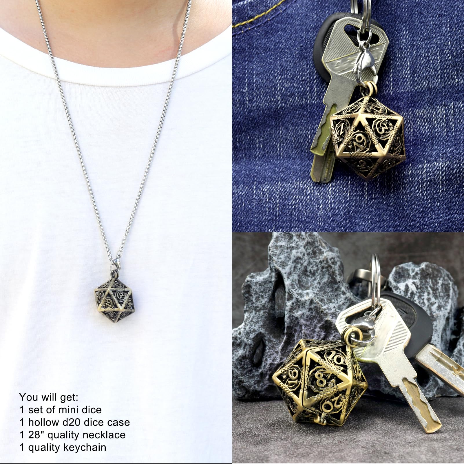 Haxtec Mini Metal DND Dice Set with D20 Cage Necklace & Keychain – Portable Micro D&D Dice for RPG Travel