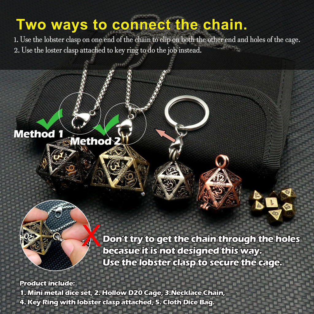 Haxtec Mini Metal DND Dice Set with D20 Cage Necklace & Keychain – Portable Micro D&D Dice for RPG Travel