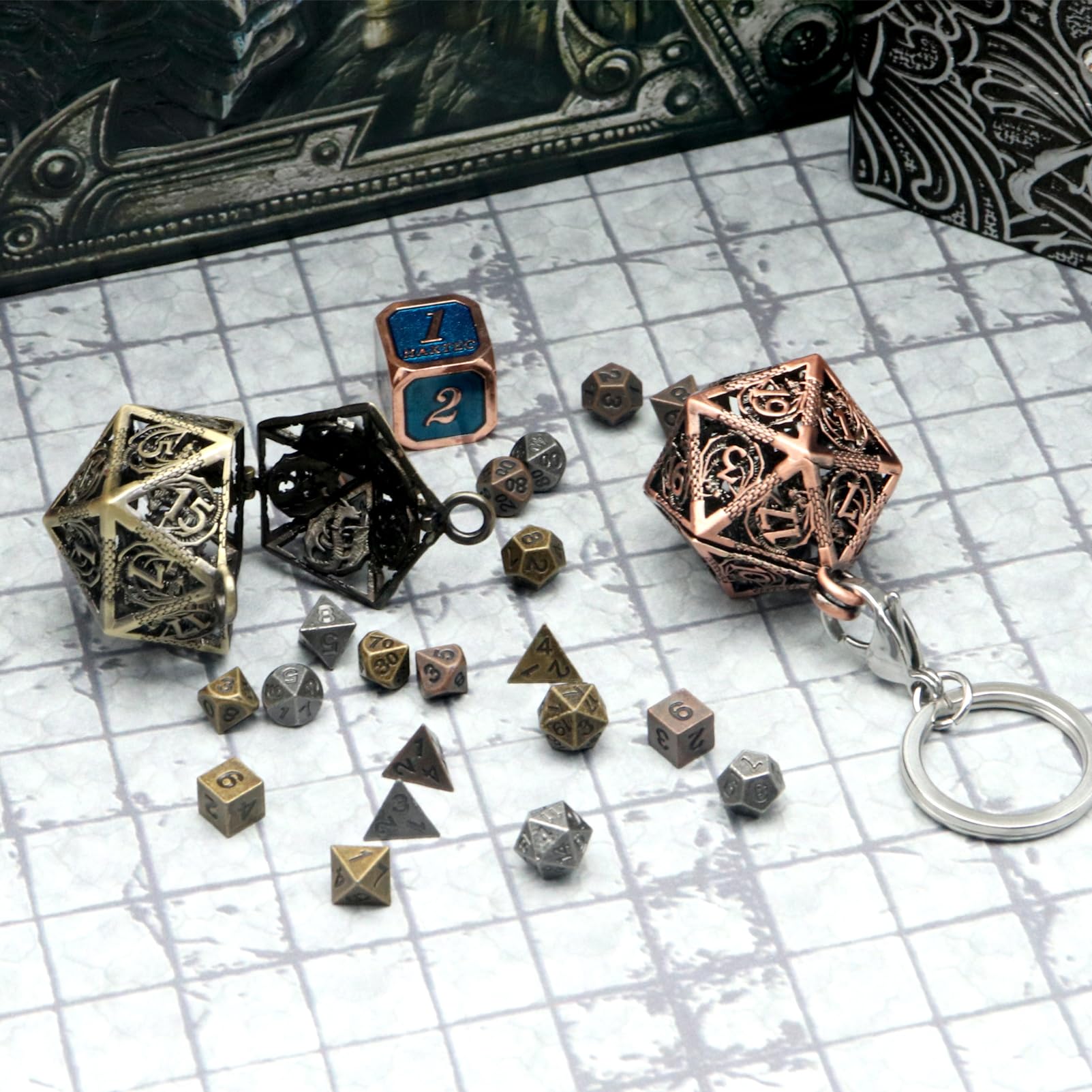 Haxtec Mini Metal DND Dice Set with D20 Cage Necklace & Keychain – Portable Micro D&D Dice for RPG Travel
