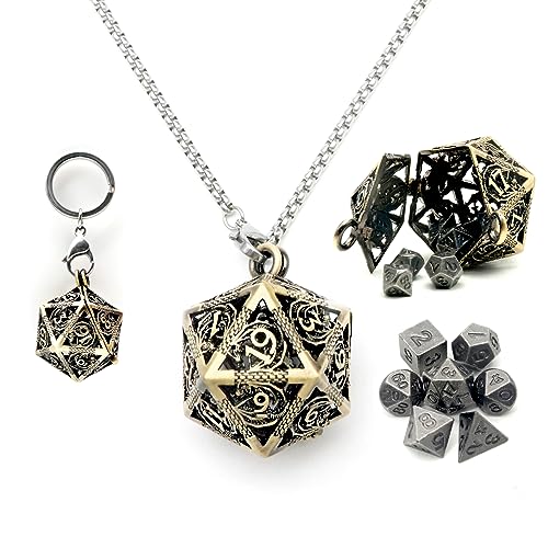 Haxtec Mini Metal DND Dice Set with D20 Cage Necklace & Keychain – Portable Micro D&D Dice for RPG Travel