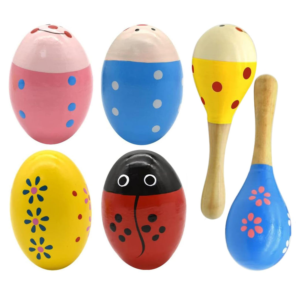 Hayder Wooden Easter Egg Shakers (4-Pack) with Shaker Sand Hammer Kit – Hand-Painted Maracas for Toddlers, Kids Percussion Instruments, Easter Basket Stuffers