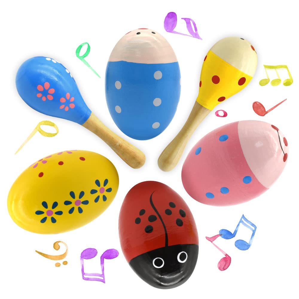 Hayder Wooden Easter Egg Shakers (4-Pack) with Shaker Sand Hammer Kit – Hand-Painted Maracas for Toddlers, Kids Percussion Instruments, Easter Basket Stuffers