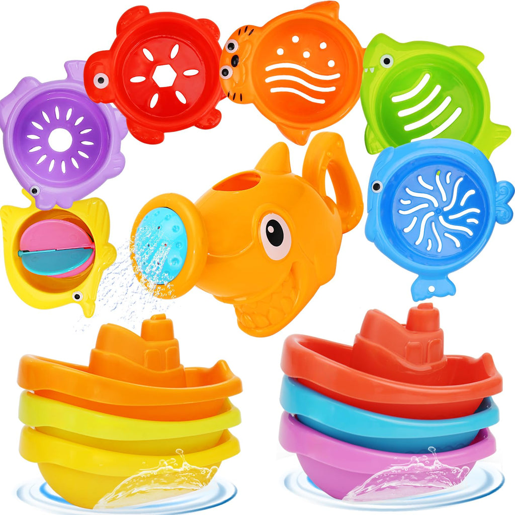 HCFJEH 13-Piece Bath Toy Set for Toddlers 1-3 – Floating Boats, Sea Animal Cups & Shark Shower Head