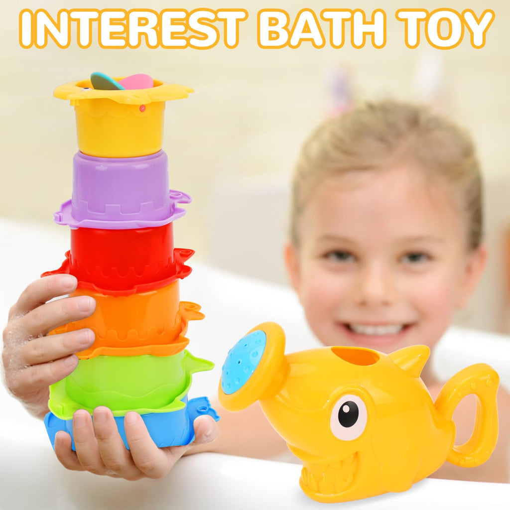 HCFJEH 13-Piece Bath Toy Set for Toddlers 1-3 – Floating Boats, Sea Animal Cups & Shark Shower Head