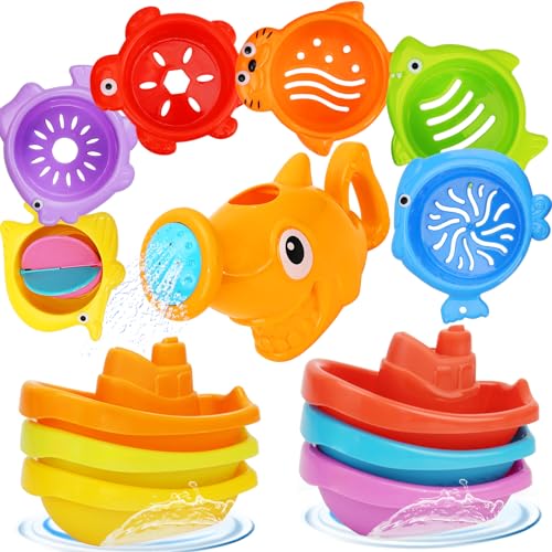 HCFJEH 13-Piece Bath Toy Set for Toddlers 1-3 – Floating Boats, Sea Animal Cups & Shark Shower Head