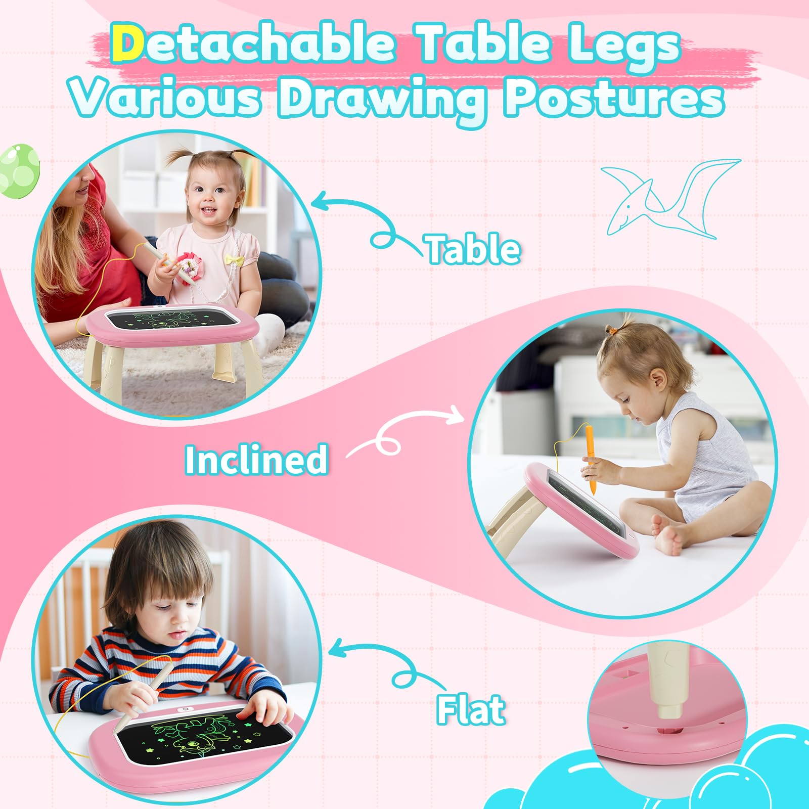 HCFJEH LCD Writing Tablet for Kids 1-5 – Pink Toddler Drawing Pad with Detachable Stand, One-Click Erase & Lock, Eye-Protection Screen, Mess-Free Doodle Board Toy for 2-3 Year Old Boys and Girls
