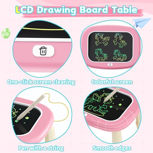 HCFJEH LCD Writing Tablet for Kids 1-5 – Pink Toddler Drawing Pad with Detachable Stand, One-Click Erase & Lock, Eye-Protection Screen, Mess-Free Doodle Board Toy for 2-3 Year Old Boys and Girls