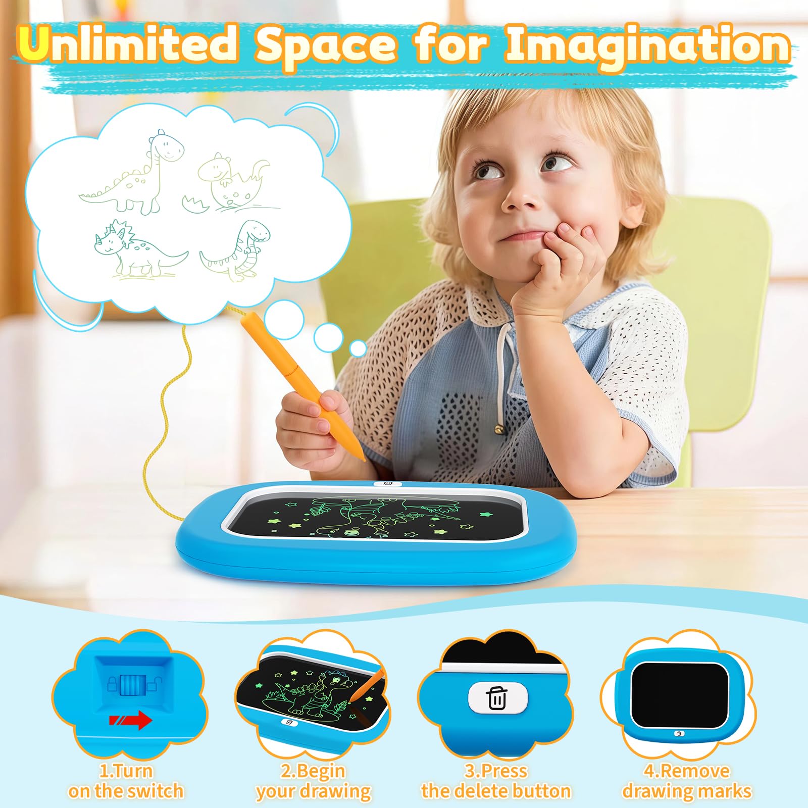 HCFJEH LCD Writing Tablet for Kids Ages 1-5 - Blue Toddler Drawing Pad with Detachable Stand & Pressure-Sensitive Screen