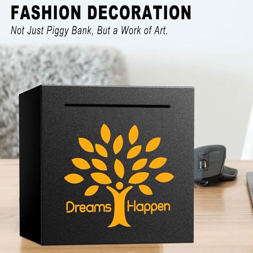 HCHANGEN Stainless Steel Piggy Bank - Must Break to Open - 4.72" Black - Dreams Happen