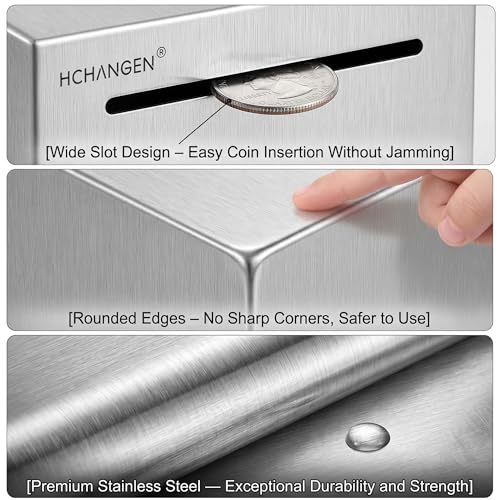 HCHANGEN Stainless Steel Piggy Bank – Break to Open, Silver 4.72" Saving Box for Cash