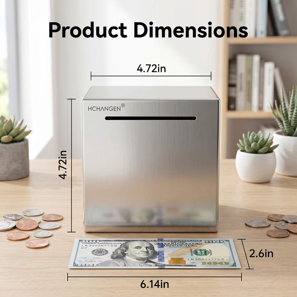 HCHANGEN Stainless Steel Piggy Bank – Break to Open, Silver 4.72" Saving Box for Cash