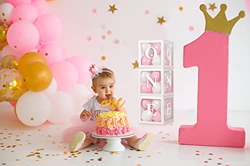 HDLJD Baby Girl First Birthday 'ONE' Letter Boxes with 24 Balloons - Transparent Cube Decor for 1st Birthday Party Backdrop