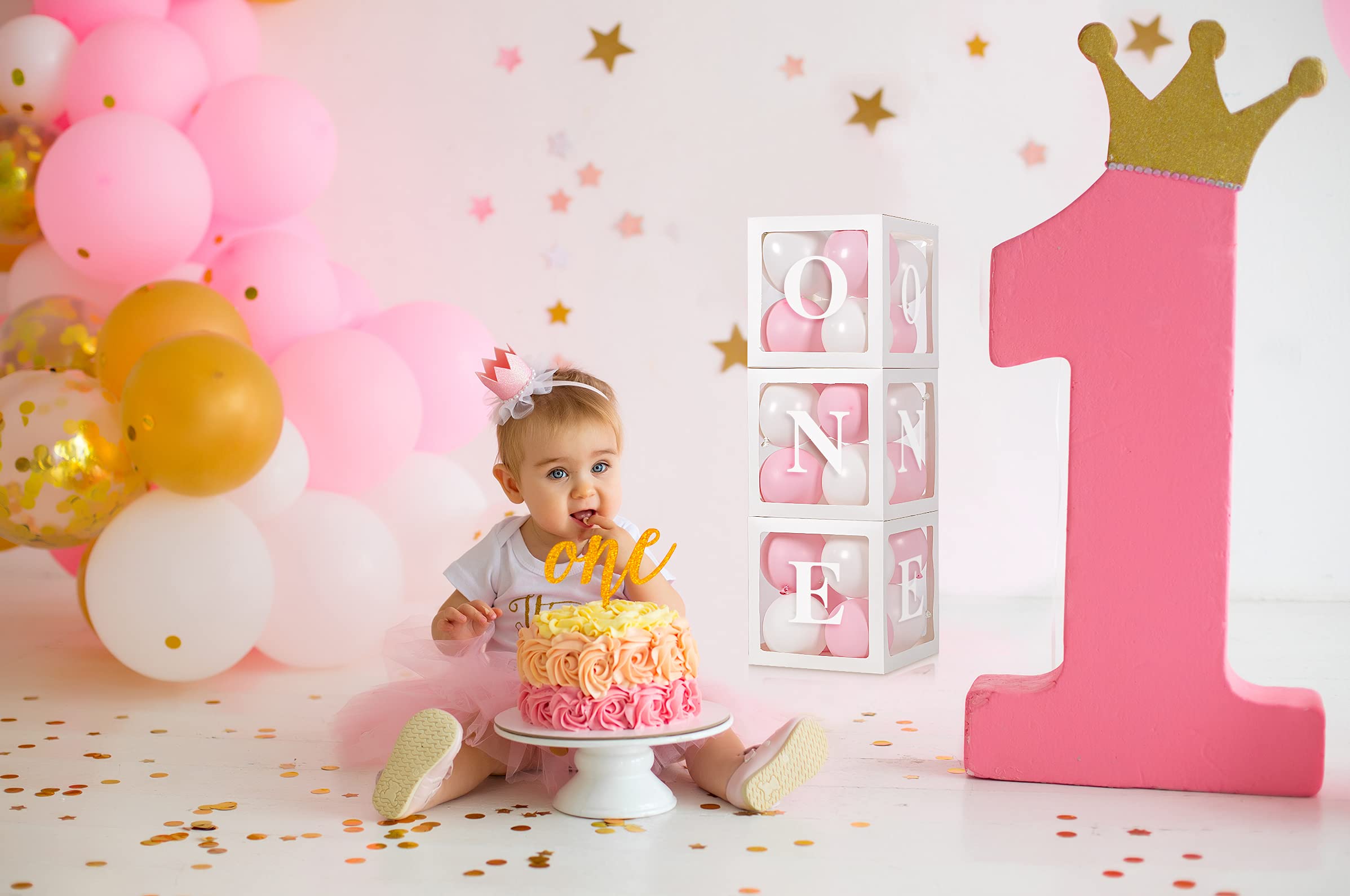 HDLJD Baby Girl First Birthday 'ONE' Letter Boxes with 24 Balloons - Transparent Cube Decor for 1st Birthday Party Backdrop