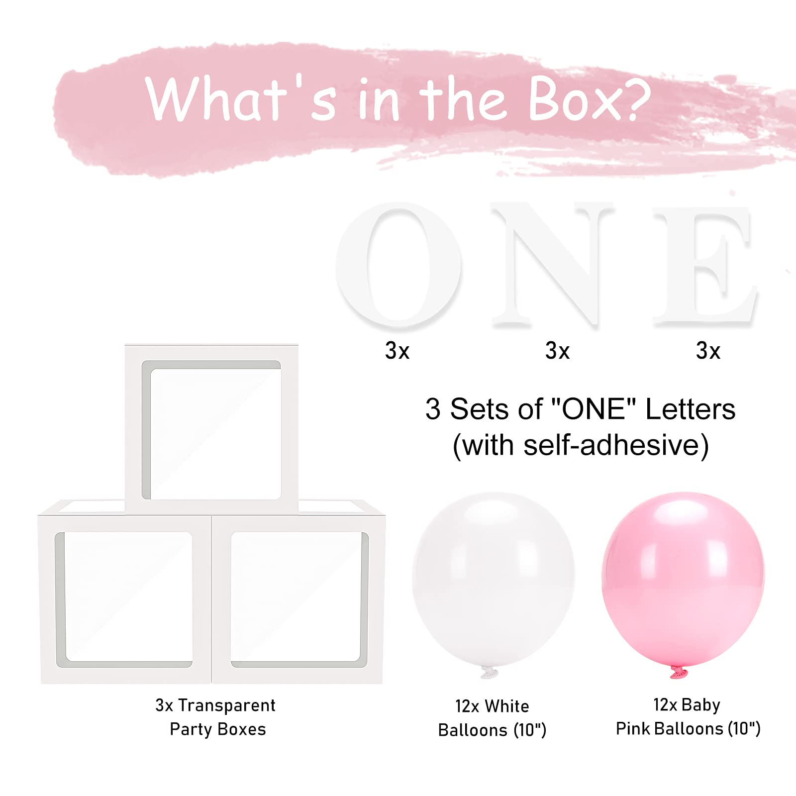 HDLJD Baby Girl First Birthday 'ONE' Letter Boxes with 24 Balloons - Transparent Cube Decor for 1st Birthday Party Backdrop