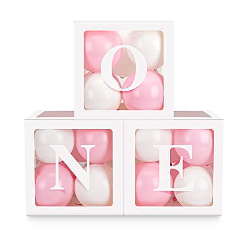 HDLJD Baby Girl First Birthday 'ONE' Letter Boxes with 24 Balloons - Transparent Cube Decor for 1st Birthday Party Backdrop