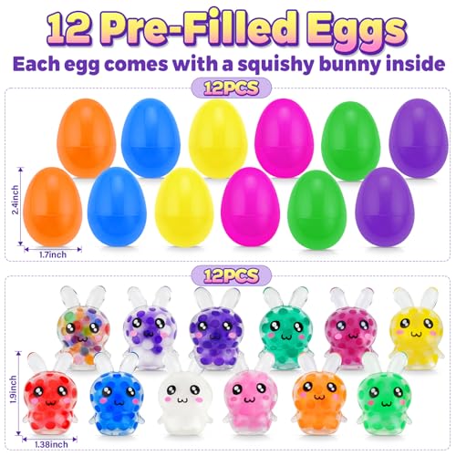 HEAEUNK Prefilled Easter Eggs with Bunny Squishy Toys – 12 Pc Set for Baskets & Parties