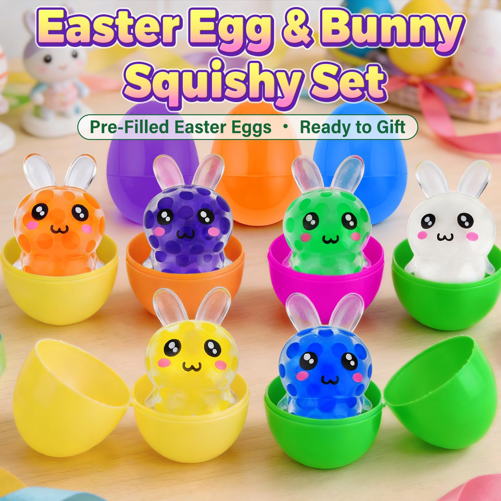 HEAEUNK Prefilled Easter Eggs with Bunny Squishy Toys – 12 Pc Set for Baskets & Parties