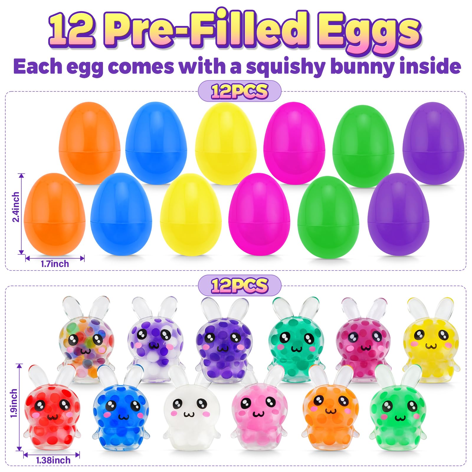 HEAEUNK Prefilled Easter Eggs with Bunny Squishy Toys – 12 Pc Set for Baskets & Parties