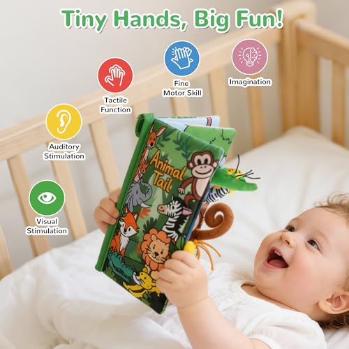 HECCEI Baby Crinkle Book with Animal Tails – Soft Cloth Sensory Toy for 0-12 Months, Jungle Tails Design, Machine Washable