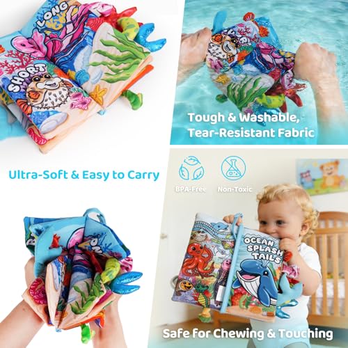 HECCEI Baby Crinkle Book with Animal Tails – Soft Cloth Sensory Toy for 0-12 Months, Jungle Tails Design, Machine Washable