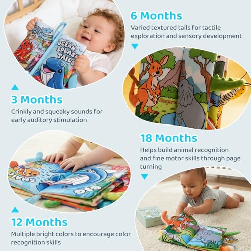 HECCEI Baby Crinkle Book with Animal Tails – Soft Cloth Sensory Toy for 0-12 Months, Jungle Tails Design, Machine Washable