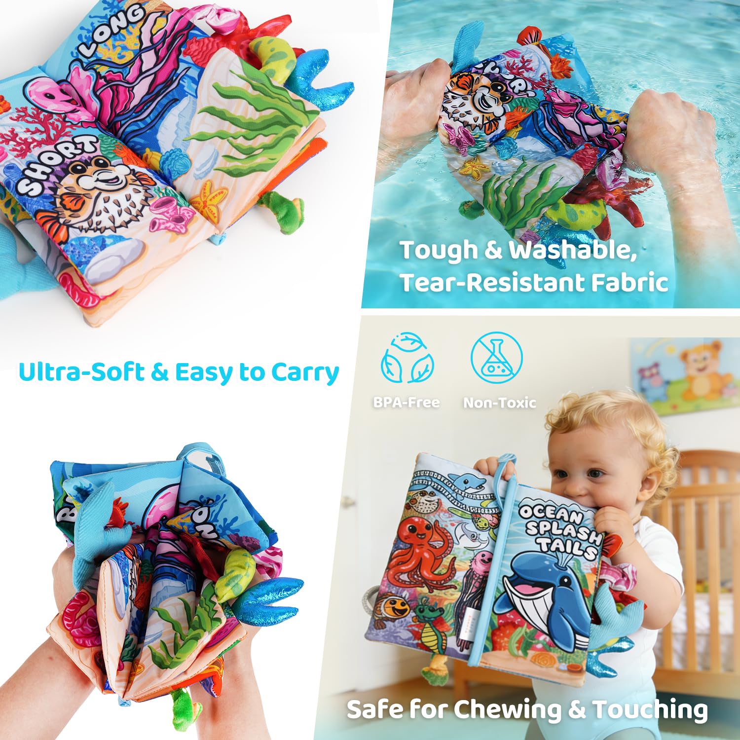 HECCEI Baby Crinkle Book with Animal Tails – Soft Cloth Sensory Toy for 0-12 Months, Jungle Tails Design, Machine Washable
