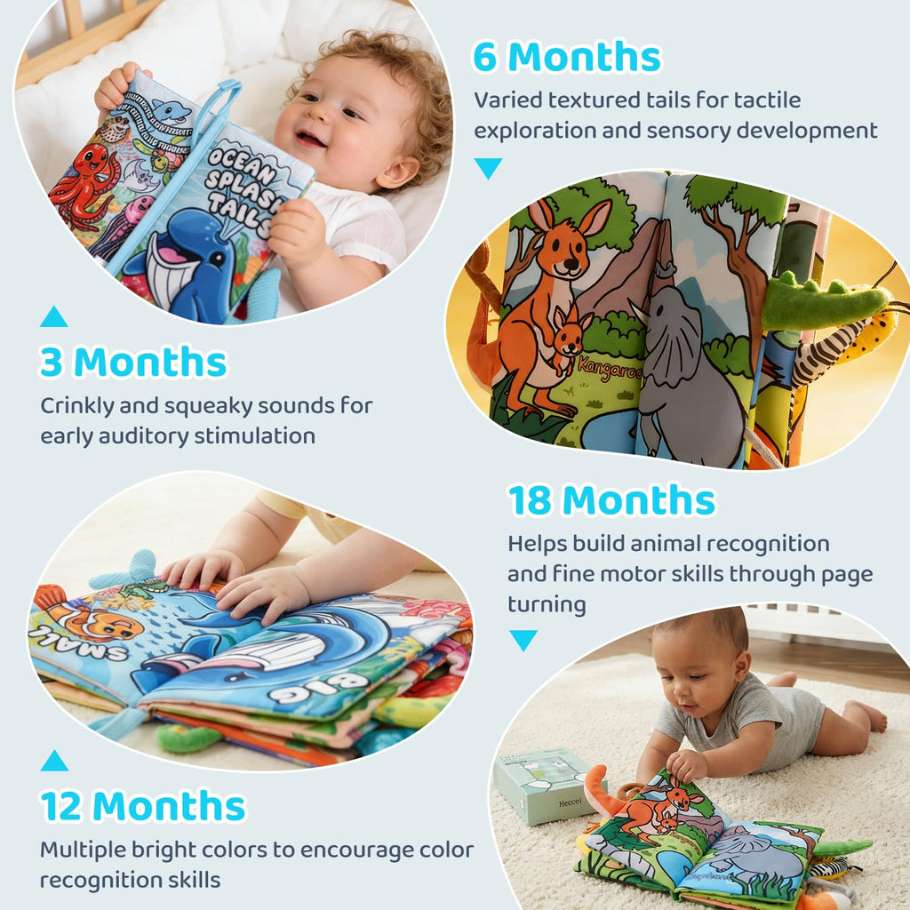 HECCEI Baby Crinkle Book with Animal Tails – Soft Cloth Sensory Toy for 0-12 Months, Jungle Tails Design, Machine Washable