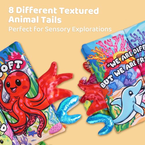 HECCEI Crinkle Book for Babies - Ocean Tails Soft Cloth Book with Textured Tails, Sensory Toy for 0-12 Months