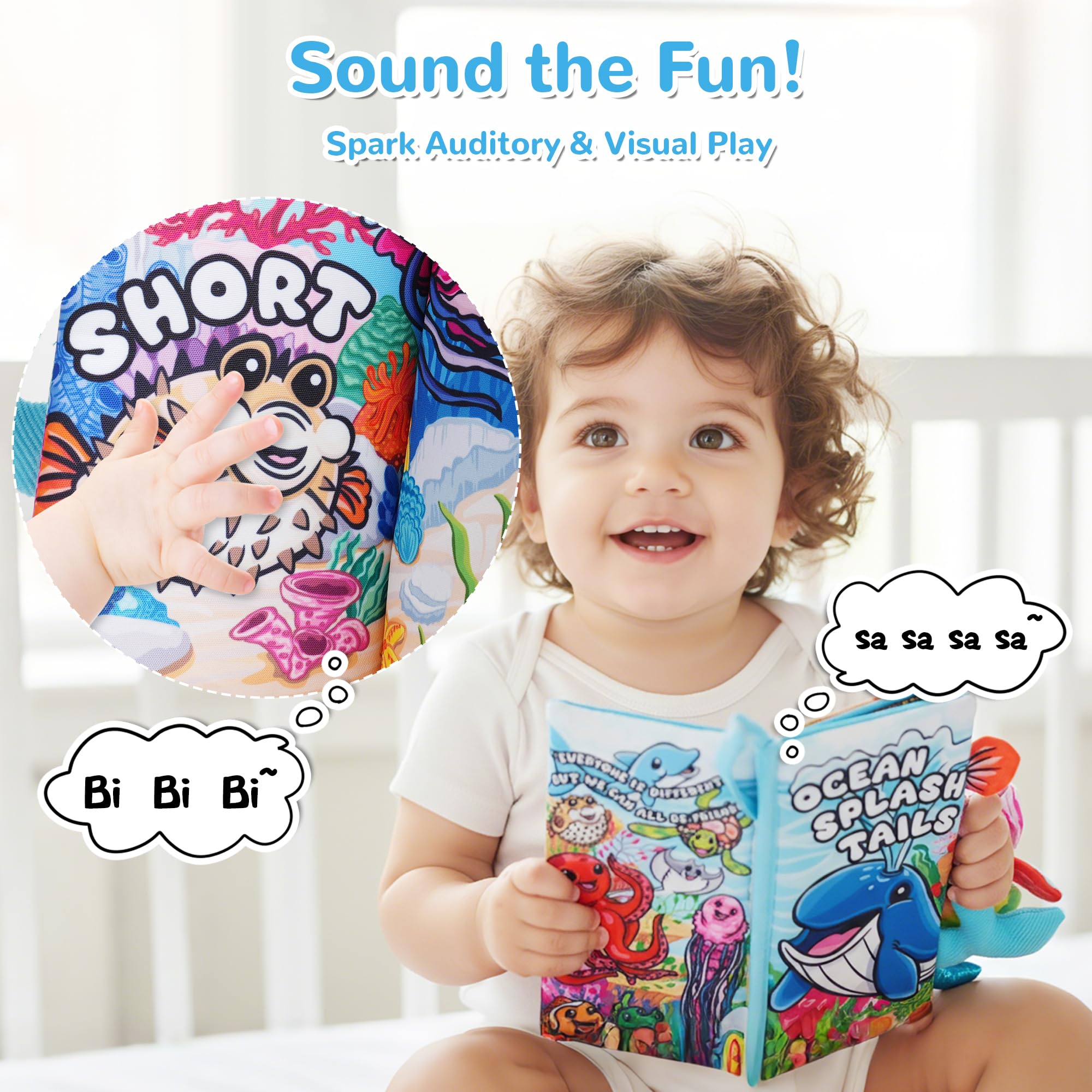 HECCEI Crinkle Book for Babies - Ocean Tails Soft Cloth Book with Textured Tails, Sensory Toy for 0-12 Months