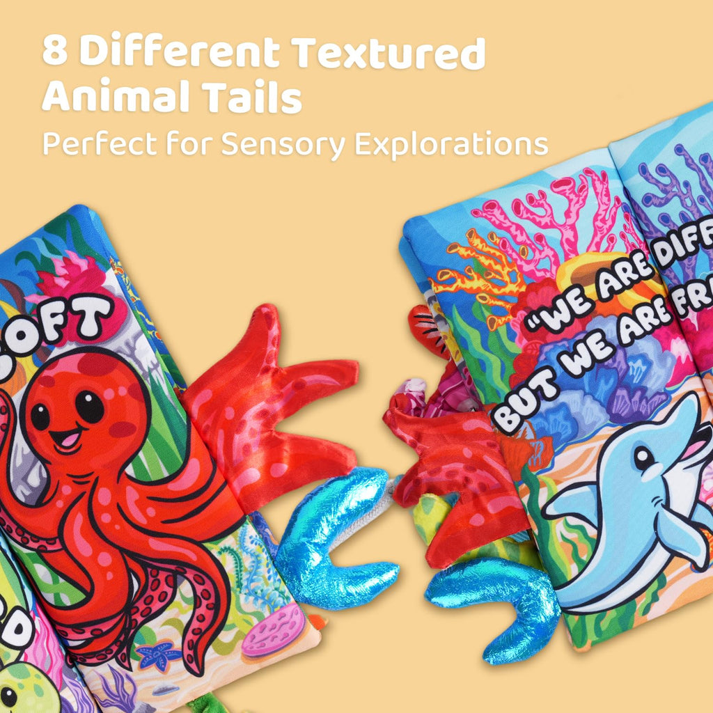 HECCEI Crinkle Book for Babies - Ocean Tails Soft Cloth Book with Textured Tails, Sensory Toy for 0-12 Months