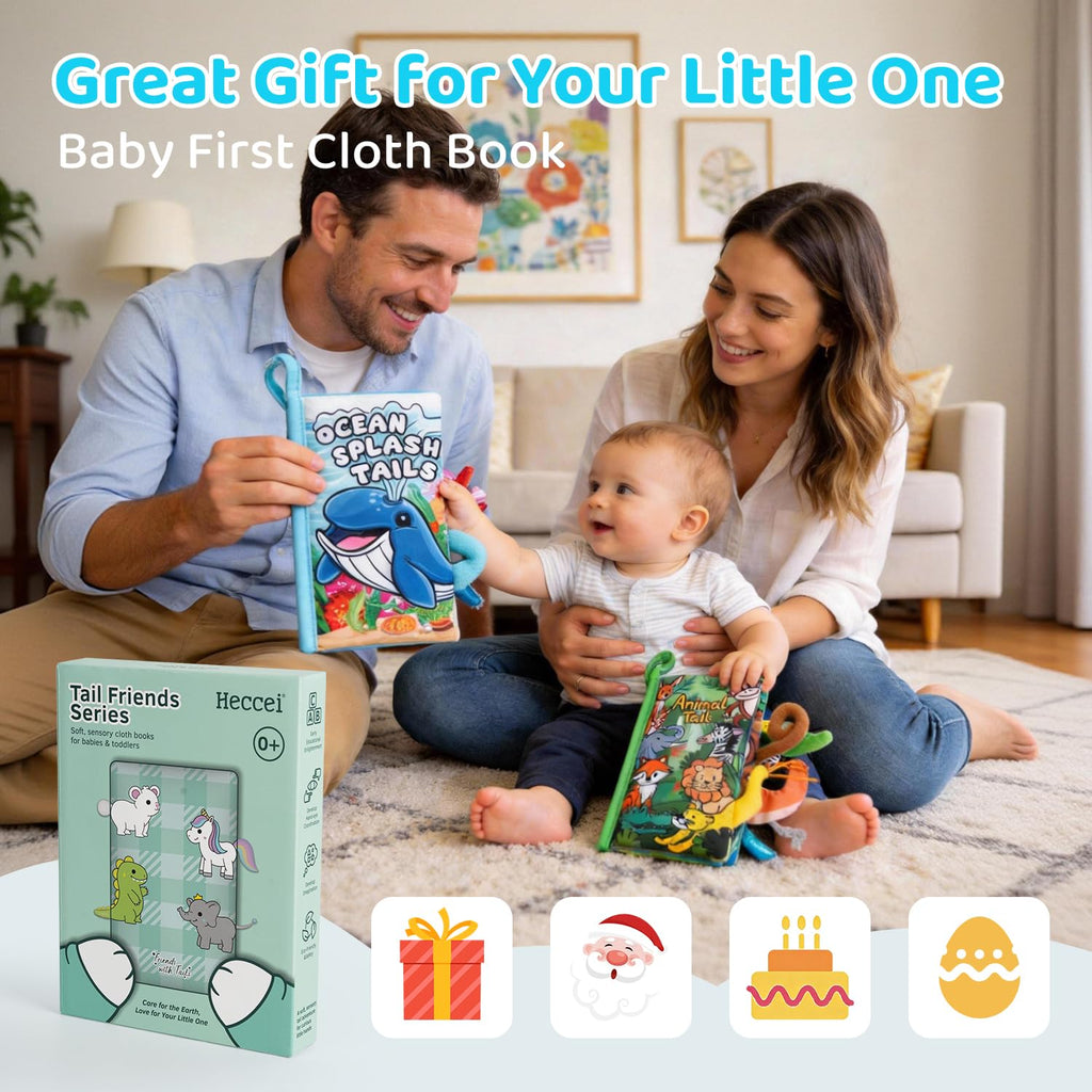 HECCEI Crinkle Book for Babies - Ocean Tails Soft Cloth Book with Textured Tails, Sensory Toy for 0-12 Months
