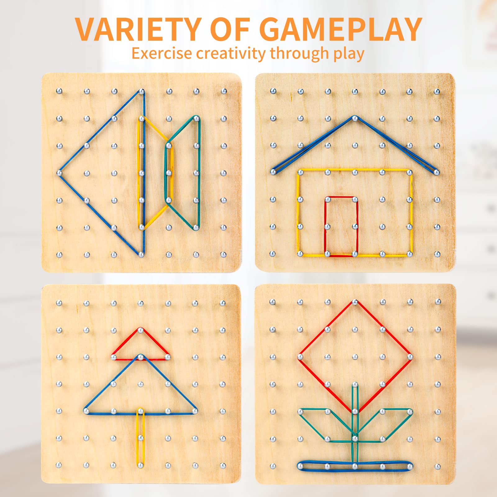 HEELWIRE Wooden Geoboard - Montessori STEM Toy with Pattern Cards and Rubber Bands for Kids Ages 3+