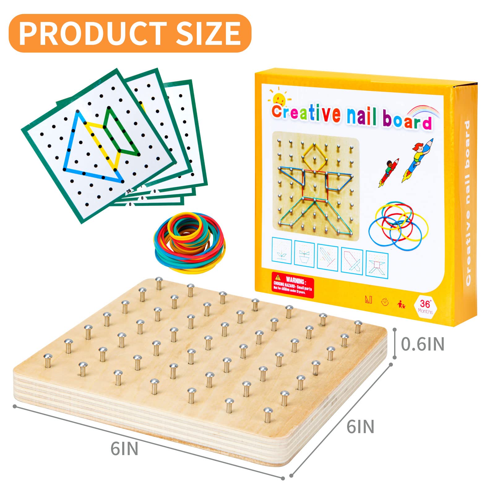 HEELWIRE Wooden Geoboard - Montessori STEM Toy with Pattern Cards and Rubber Bands for Kids Ages 3+