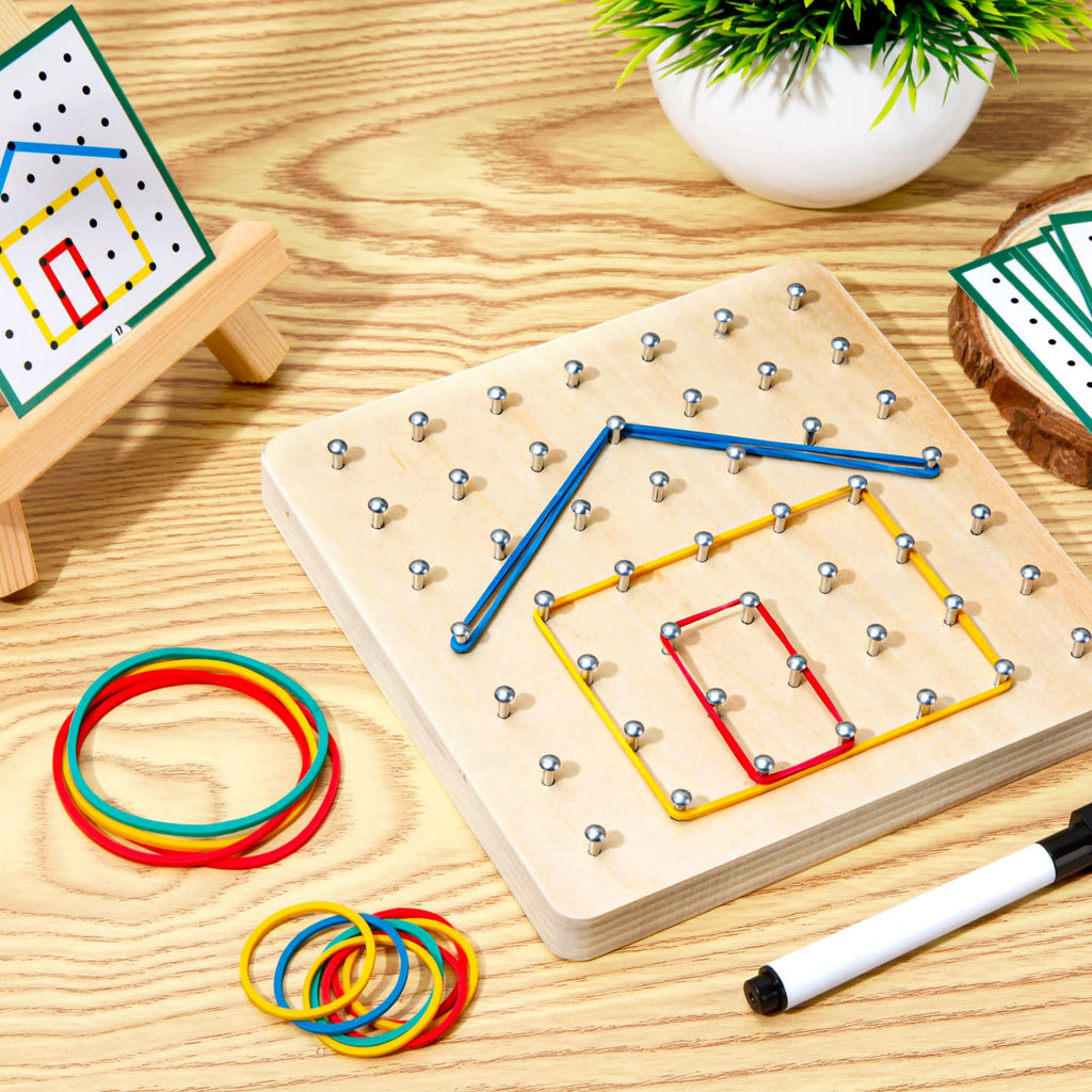 HEELWIRE Wooden Geoboard - Montessori STEM Toy with Pattern Cards and Rubber Bands for Kids Ages 3+