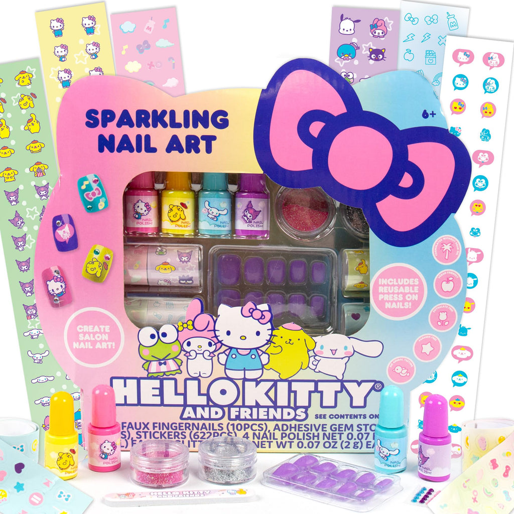 Hello Kitty and Friends Sparkling Nail Art Kit – Water-Based Polishes, Press-On Nails & Stickers