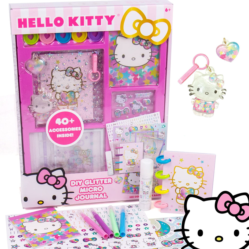 Hello Kitty DIY Glitter Micro Journal – 40+ Stationery Accessories, Stickers, Interchangeable Discs, Squishy Cover