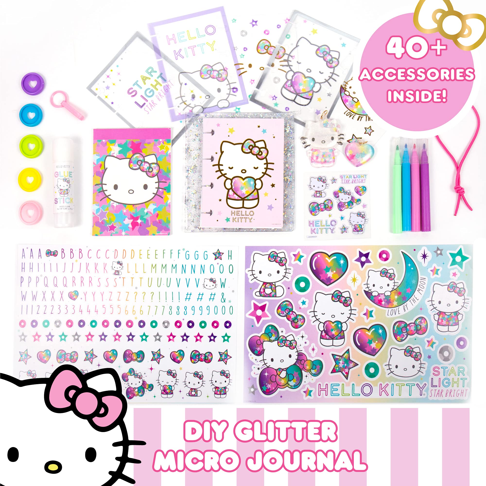 Hello Kitty DIY Glitter Micro Journal – 40+ Stationery Accessories, Stickers, Interchangeable Discs, Squishy Cover