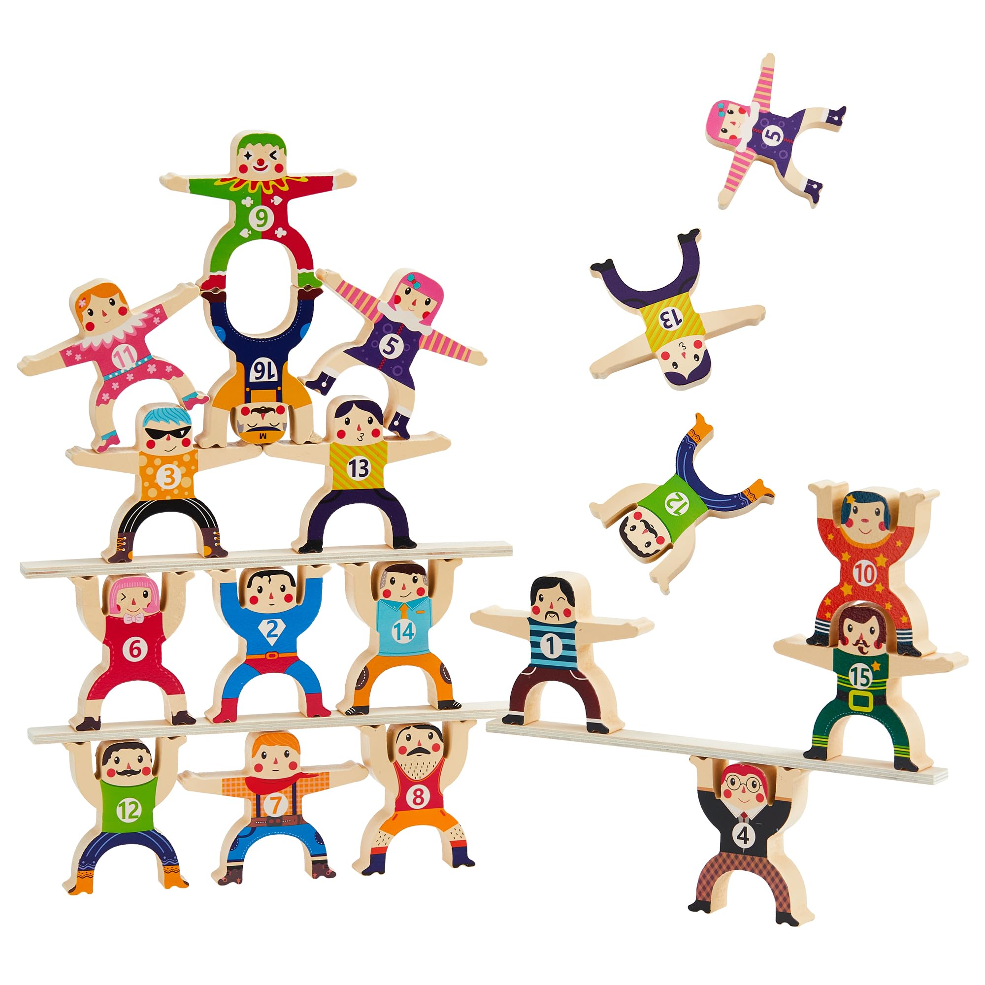 HELLO PAPAYA Wooden Stacking Toys 16-Piece Circus Balancing Blocks for Kids Ages 3+